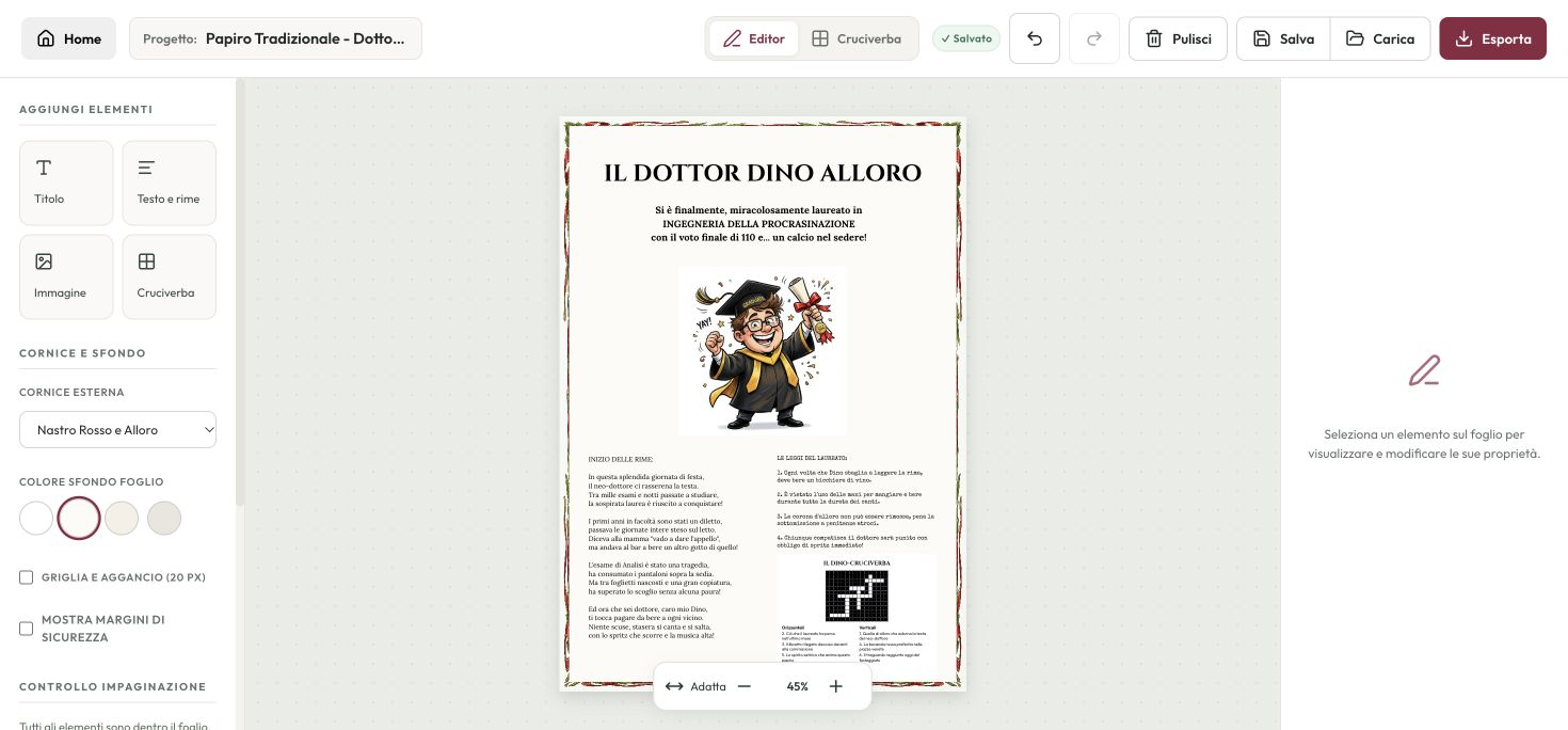 Editor Papiro Studio: modello classico, strumenti a sinistra e foglio al centro