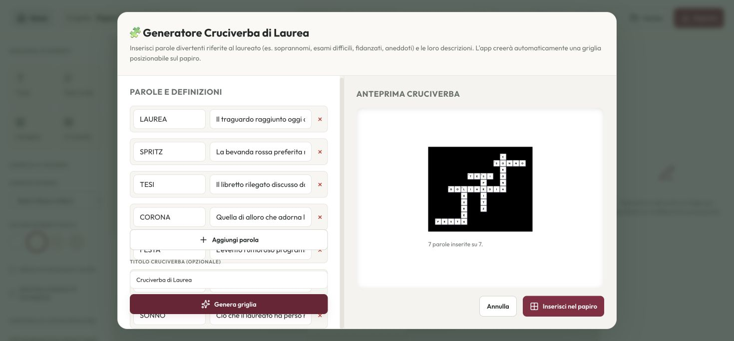 Generatore di cruciverba di laurea: campi delle parole a sinistra e griglia generata a destra
